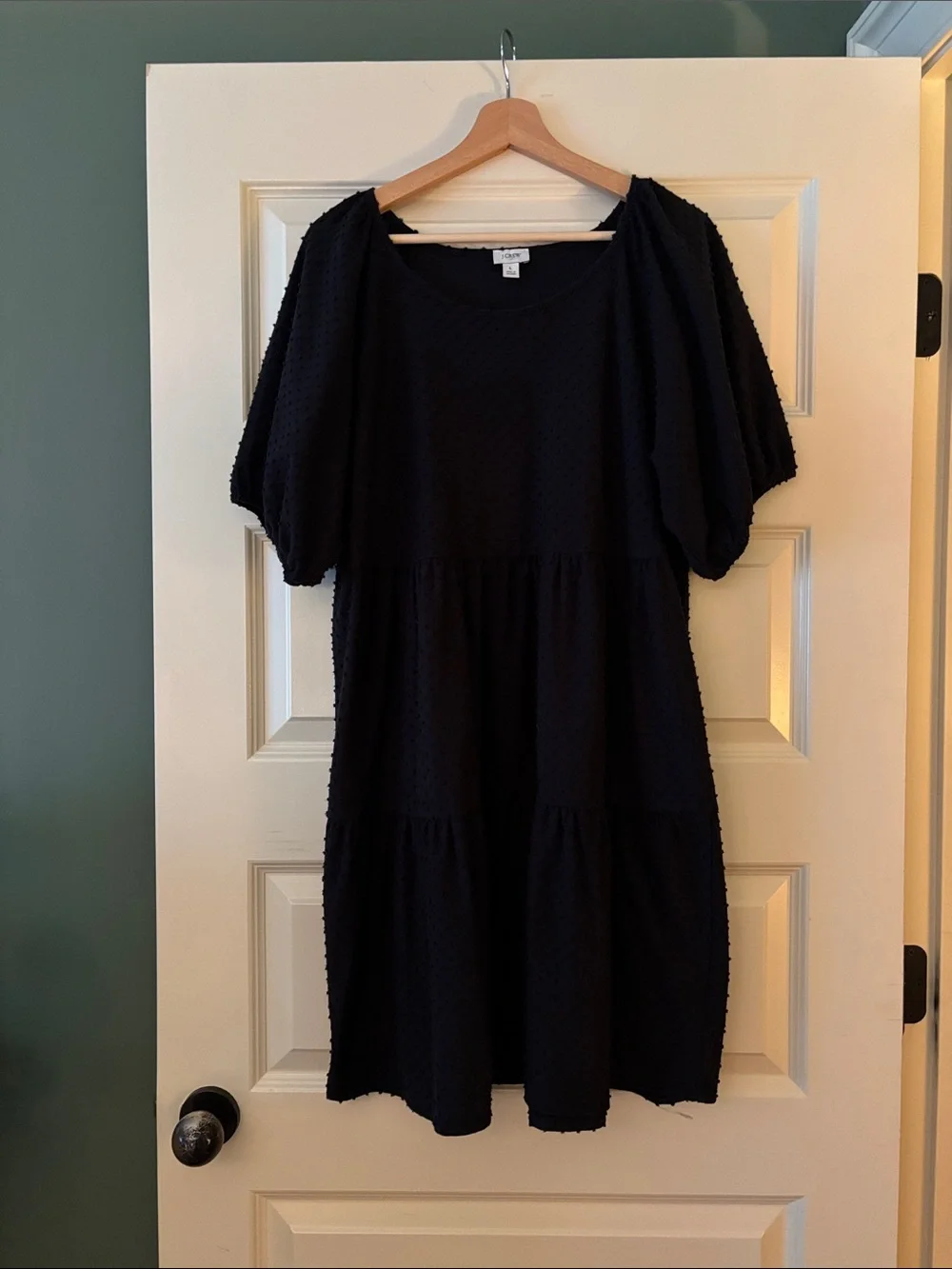 J. Crew Black Textured Tiered Midi Dress with Puff Sleeves